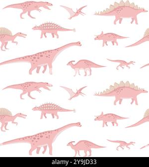 Vecteur modèle sans couture de dinosaures roses dessinés à la main plat isolé sur fond blanc Illustration de Vecteur
