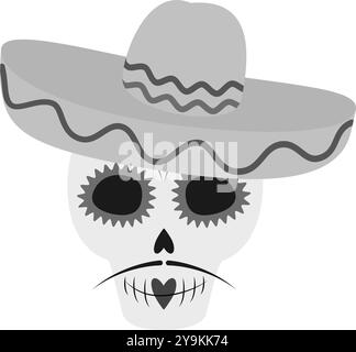 Scull peint avec moustache en chapeau sombrero en niveaux de gris. Le jour de l'élément de conception de salutation mort. Cartes d'illustration vectorielle isolées, affiche, flyer, dépliant, bannière, étiquette, carte thématique ou promo web Illustration de Vecteur