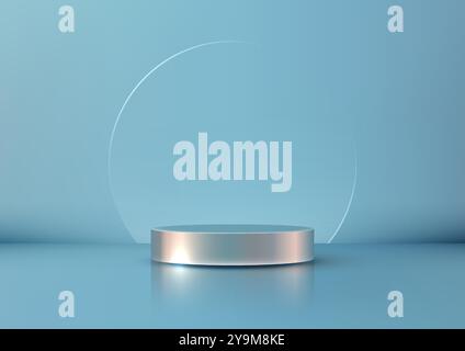 Maquette d'un podium métallique 3D avec dôme en verre circulaire sur fond bleu, affichage de produit de luxe dans un design minimaliste et moderne pour Showcas élégant Illustration de Vecteur