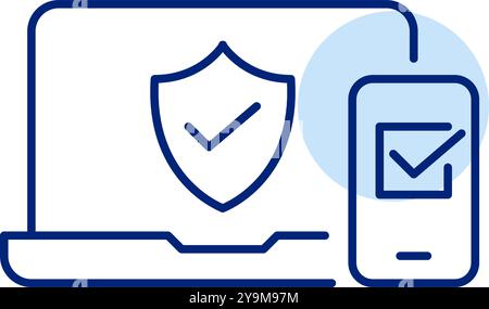 Ordinateur portable et smartphone avec des coches. Synchronisation transparente entre les appareils. Connexions sécurisées et confirmées entre les plates-formes. Pixel Perfect, edi Illustration de Vecteur