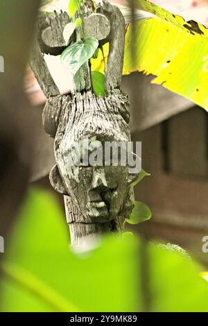 Un totem en bois de forme humaine dans le village de Nanga Raun, Kalis, Kapuas Hulu, Kalimantan occidental, Indonésie. Banque D'Images