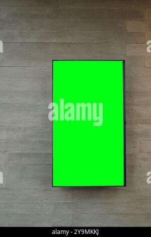 Un téléviseur à orientation verticale monté sur un mur en pierre moderne montrant un écran vert Banque D'Images