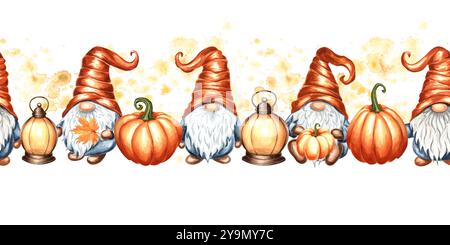 Gnomes avec citrouilles et lanternes. Bordure sans couture d'automne. Répétition de l'automne à Thanksgiving ou Halloween. Illustration d'aquarelle dessinée à la main Banque D'Images