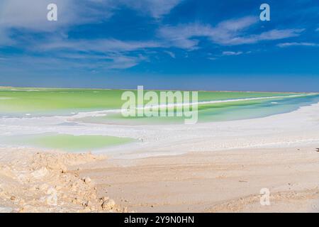 Eau salée et émeraude du lac Qarhan ou Chaerhan autour de la ville de Golmud, Qinghai, Chine. Copier l'espace pour le texte Banque D'Images