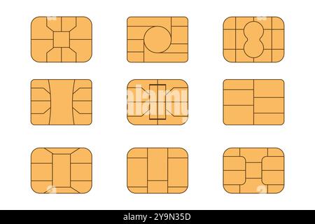 Jeu d'icônes de puce EMV. Microchip pour carte bancaire de crédit ou de débit en plastique ou carte sim. Technologie NFC numérique. Paiement sans contact aux terminaux et aux distributeurs automatiques de billets. Illustration vectorielle Illustration de Vecteur