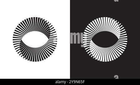 Oeil mobius circulaire, motif géométrique minimaliste de cercles concentriques avec des lignes nettes et rayonnantes, effet optique en noir et blanc. Illustration de Vecteur