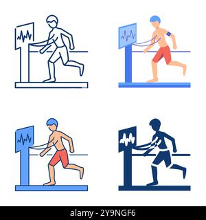 Icône d'épreuve d'effort définie en style plat et ligne. Test sur tapis roulant, bilan cardiaque. Illustration vectorielle. Illustration de Vecteur