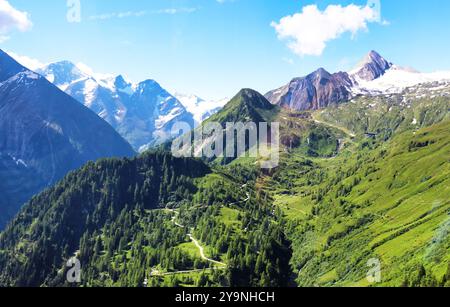 Prairies colorées fleuries de l'agriculture alpine en trois étapes avec ferme alpine dans les alpes d'Autriche, avec des montagnes rocheuses et une pente raide et pierreuse Banque D'Images
