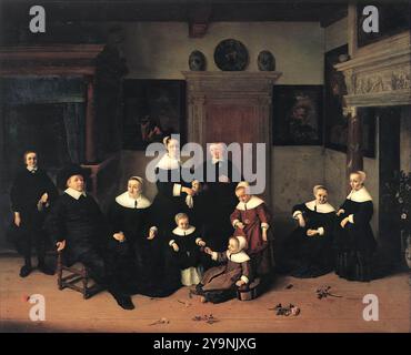 OSTADE, Adriaen Jansz. Van (né en 1610, Haarlem, mort en 1685, Haarlem) Portrait d'une famille 1654 huile sur bois, 70 x 88 cm Musée du Louvre, Paris les paysans grotesques qui taillent, se bagarrent ou se livrent à la gourmandise dans des houvels désordonnés sont caractéristiques de l'œuvre agaçante d'Ostade de sa phase précoce. Dans les années 1640, ses intérieurs gagnent en espace et en atmosphère. Au milieu du siècle, Ostade avait changé pour un style plus idyllique. Ses figures sont devenues plus calmes et plus respectables. Il y a un nouvel accent sur la couleur locale et un arrangement ordonné. La raison du changement dans le m d'Ostade Banque D'Images