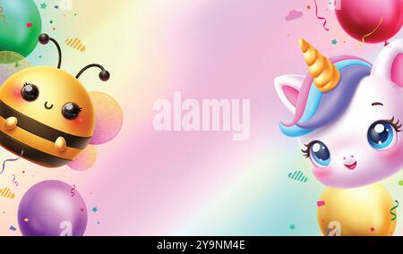 Modèle de vecteur de carte d'invitation d'anniversaire. Carte d'invitation d'anniversaire avec un espace vide vierge pour le texte de voeux avec une abeille mignonne et un joli personnage de licorne Illustration de Vecteur