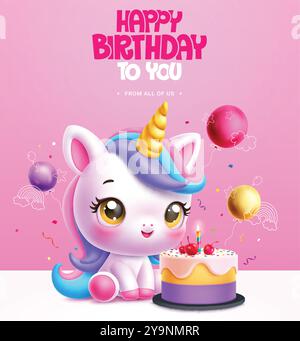 Conception vectorielle de caractère licorne d'anniversaire. Texte de voeux joyeux anniversaire avec caractère mignon licorne, gâteau et ballons éléments de décoration pour les enfants Illustration de Vecteur