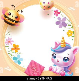 Conception de modèle de vecteur de carte d'invitation d'anniversaire. Joyeux anniversaire dans un espace vide de cercle avec des personnages mignons d'abeille et de licorne, colorés Illustration de Vecteur