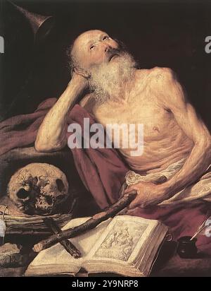 PEREDA, Antonio de (né en 1611, Valladolid, décédé en 1678, Madrid) Saint Jérôme 1643 huile sur toile, 105 x 84 cm Museo del Prado, Madrid au cours du XVIIe siècle, l'école de Madrid, dirigée par les inspirés Velázquez et Cano, a développé un certain nombre d'autres peintres moins importants, mais toujours intéressants. L'un d'eux est Antonio de Pereda, auteur d'un certain nombre de peintures religieuses nobles, telles que l'Immaculée conception, au Musée de Ponce, Porto Rico. Particulièrement remarquable sont ses compositions allégoriques. --- mots-clés : ------------- Auteur : PEREDA, Antonio de titre : St Jerome Time-l Banque D'Images