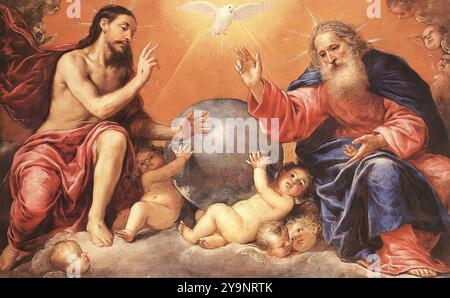 PEREDA, Antonio de (né en 1611, Valladolid, décédé en 1678, Madrid) la Sainte Trinité - huile sur toile, 143 x 230,5 cm Musée des Beaux-Arts, Budapest la peinture était à l'origine plus grande et c'était probablement la section couronnante d'un grand retable. --- mots-clés : ------------- Auteur : PEREDA, Antonio de titre : The Holy Trinity Time-line : 1601-1650 École : Espagnol forme : peinture type : religieux Banque D'Images