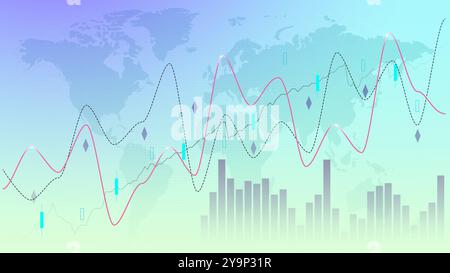 Commerce financier. Graphiques et carte du monde sur fond dégradé, illustration Banque D'Images