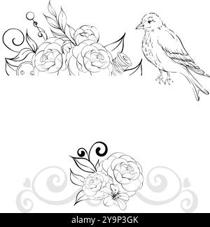 Compositions d'outils de couture vintage, avec barbe. Gabarit, cadre. Ciseaux et bobine de fil avec des fleurs. Artisanat dans un style rétro. Vintage vieux Illustration de Vecteur