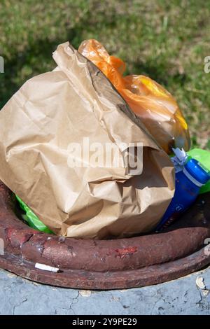 Un sac en papier brun se trouve au sommet d'une poubelle à côté d'une bouche d'incendie et de l'herbe Banque D'Images