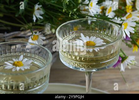 Fleurs de camomille brillantes dans un verre de champagne en cristal Banque D'Images