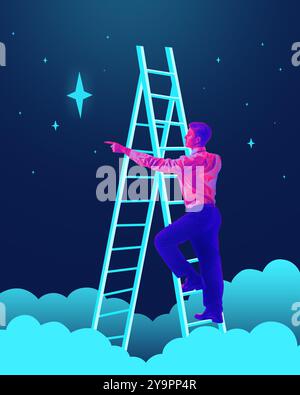 Homme d'affaires grimpant l'échelle incandescente dans le ciel, pointant vers les étoiles. Atteindre de nouveaux objectifs et aspirations commerciaux. Banque D'Images