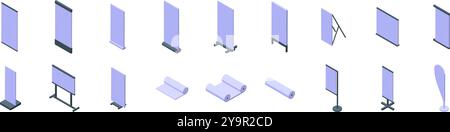 Ensemble d'icônes de maquette de cumul. Grand ensemble de différents supports de bannière vierge pour la vue isométrique de publicité extérieure et intérieure isolée sur fond blanc Illustration de Vecteur