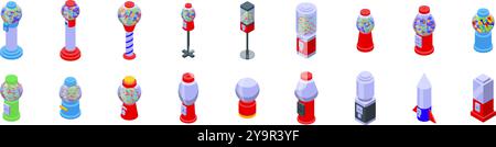 Icônes de machine à Gumball définies. Cet ensemble comprend des machines à gumball de différentes formes et tailles, mettant en valeur leurs designs emblématiques et les friandises sucrées qu'ils contiennent Illustration de Vecteur