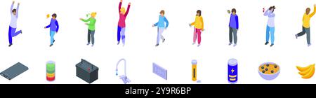 Rechargez les icônes humaines définies. Les gens démontrent leur niveau d'énergie, de très énergique à complètement épuisé, et différentes façons de rétablir le niveau d'énergie Illustration de Vecteur