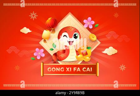 Nouvel an chinois 2025 fond avec serpent mignon et décoration. Modèle d'arrière-plan d'illustration de vecteur de vacances. Illustration de Vecteur