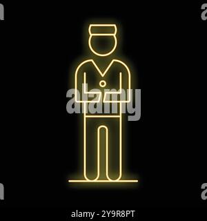 Icône de néon lumineux jaune d'un groom debout avec ses bras croisés, isolé sur un fond noir Illustration de Vecteur