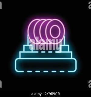 Enseigne au néon représentant un rouleau roulant travaillant la nuit, symbole pour la construction et les travaux routiers Illustration de Vecteur