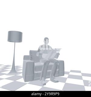 Modèle polygonal d'homme assis dans un fauteuil et lisant le journal dans la chambre avec lampe et bibliothèque avec des livres isolés sur fond blanc. Vecteur illust Illustration de Vecteur