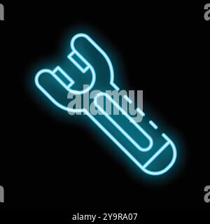 Icône de clé au néon brillante sur fond sombre, représentant la construction, la réparation et les concepts de bricolage Illustration de Vecteur