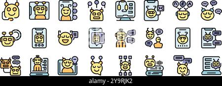 Collection d'icônes représentant des chatbots aidant à répondre aux demandes des clients, fournissant une assistance et s'engageant dans la communication en ligne Illustration de Vecteur