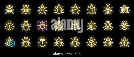 Ensemble d'icônes de néon représentant différents types de bugs, dont l'une est mise en évidence dans un réticule Illustration de Vecteur