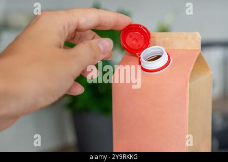 Conteneur en carton longue durée à partir de matériaux recyclés avec bouchon fixe en plastique. Le bouchon reste attaché après ouverture, ce qui rend l'emballage entier Banque D'Images