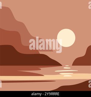 Une illustration de paysage minimaliste et abstraite dans un style d'art contemporain, dessinée à la main avec des paysages de la nature dans des tons terre cuite Illustration de Vecteur