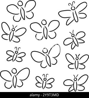 Ensemble d'icônes d'insecte papillon. Style croquis griffé. Ensemble de contour d'icônes d'insecte papillon isolé sur fond blanc. Pour cartes, logo, décorations, inv Illustration de Vecteur