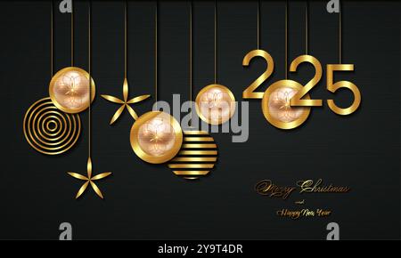 Bannière de vacances de luxe de Noël avec l'or manuscrit joyeux Noël et 2025 salutations de bonne année et boules de Noël de couleur or. Vecteur Illustration de Vecteur