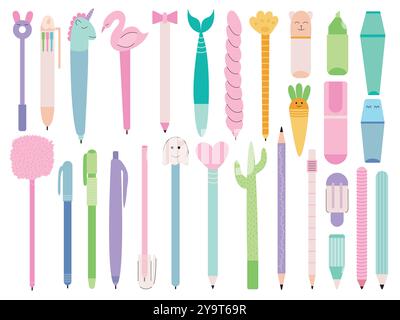 Stylos et crayons de différentes formes Flat Set Illustration de Vecteur