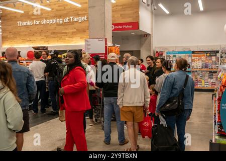 Des hordes de consommateurs enthousiastes affluent à l'ouverture officielle d'un nouveau magasin Target à Chelsea, à New York, le mardi 8 octobre 2024. Le nouveau magasin occupe 28 000 pieds carrés au premier étage et au sous-sol d'un immeuble locatif à usage mixte. .(© Richard B. Levine) Banque D'Images