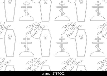 Une page à colorier effrayante du cimetière d'Halloween avec des chauves-souris, des cercueils et des croix. Parfait pour les projets de vacances créatifs des enfants. Illustration de Vecteur
