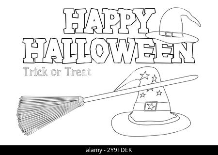 Coloriage noir et blanc sur le thème de l'Halloween avec un chapeau de sorcière, un balai et un texte festif Halloween. Parfait pour les enfants. Illustration de Vecteur