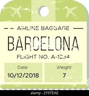 Étiquette de bagage pour un vol à destination de Barcelone datée du 12 octobre 2018, indiquant le poids et les détails du vol pour le voyage Illustration de Vecteur