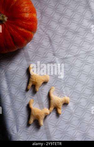 Petits biscuits en forme de chats à côté d'une citrouille sur la table. Concept alimentaire d'Halloween Banque D'Images