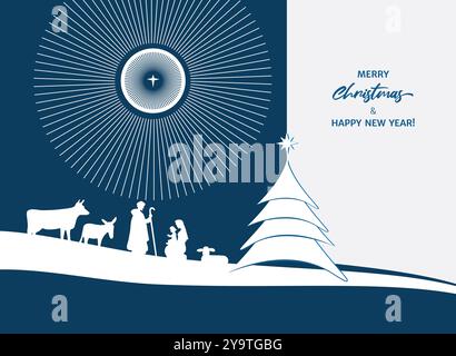 Carte de voeux ou bannière Joyeux Noël et bonne année. Style minimaliste. Silhouettes de Jésus Christ, Marie, Joseph et animaux sur un blanc et bleu Illustration de Vecteur