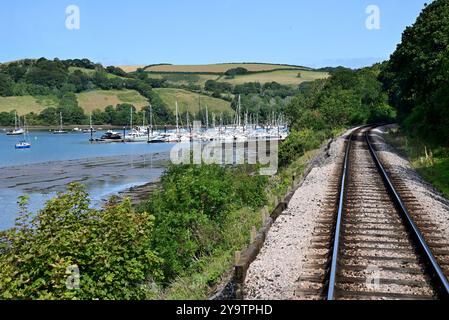 Bateaux amarrés sur la rivière Dart près de Dartmouth, vus de l'arrière d'un train sur le chemin de fer à vapeur de Dartmouth. Banque D'Images