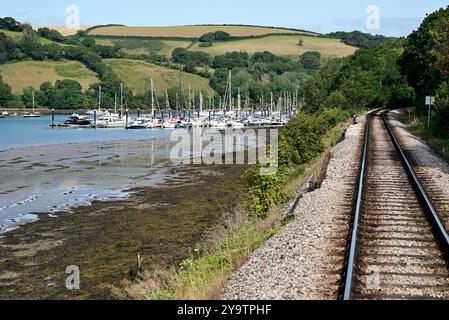 Bateaux amarrés sur la rivière Dart près de Dartmouth, vus de l'arrière d'un train sur le chemin de fer à vapeur de Dartmouth. Banque D'Images