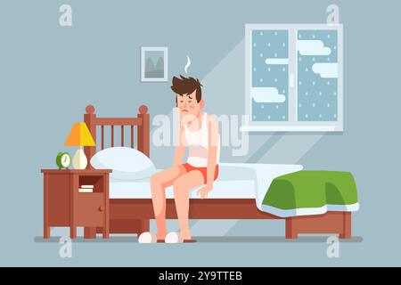 Homme assis sur le lit regardant mal dans un cadre de chambre confortable pendant un matin pluvieux Illustration de Vecteur