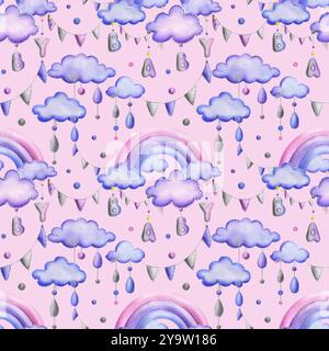 A stitched rainbow with clouds and letters BABY, garland flags, dots hanging from ropes in blue, purple and pink. Cute hand drawn watercolor Banque D'Images