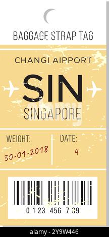 Étiquette de sangle de bagage de l'aéroport de Changi à Singapour datée du 30 janvier 2018, indiquant les détails du vol et les informations de poids Illustration de Vecteur