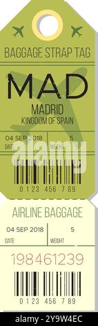 Étiquette de sangle de bagage de Madrid, Espagne, datée du 4 septembre 2018, indiquant un voyage en avion Illustration de Vecteur